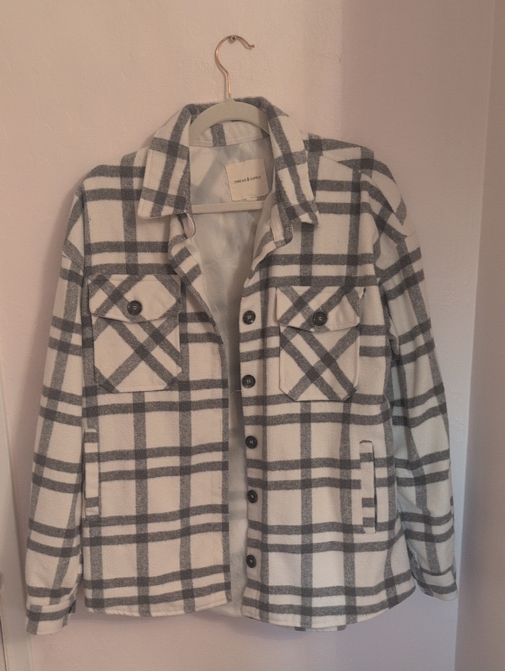 Thread & Supply White and Gray Plaid Shacket
